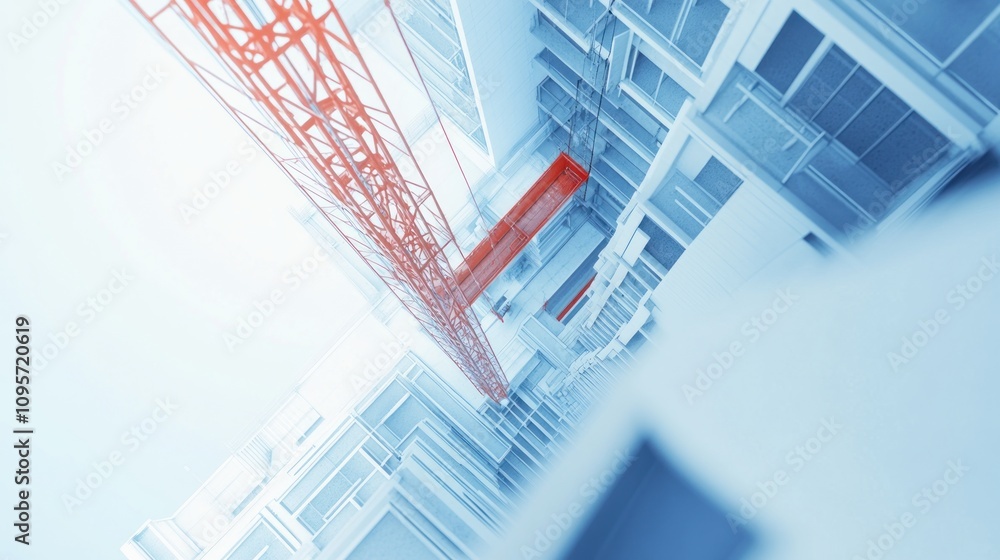 Aufkleber A modern construction site featuring a crane and building structures in a dynamic perspective.