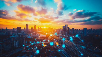 Fototapeta premium Smart digital Innovation city with connection network reciprocity over the cityscape. of future smart wireless digital city and social media networking systems that connects people with in city