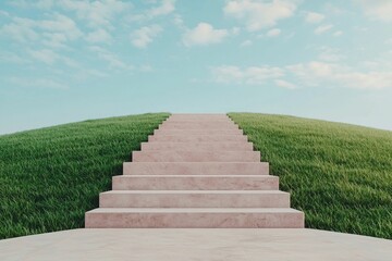 Confused emotion and complex, A serene landscape featuring a set of concrete stairs leading up a grassy hill under a clear blue sky.