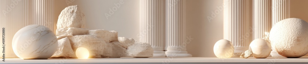Poster a serene arrangement of sculptural forms on a shelf, highlighting texture and light.