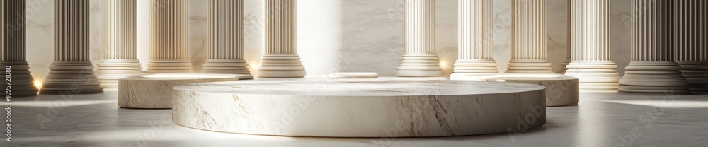 Poster A marble platform surrounded by elegant columns in a bright, spacious setting.
