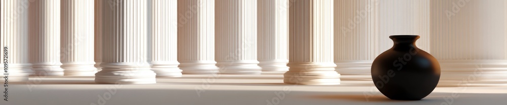 Aufkleber a dark vase stands in a softly lit space with columns, creating a serene atmosphere.