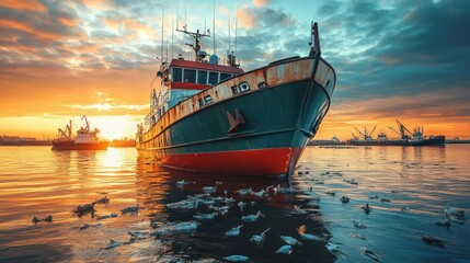 Obraz premium A fishing boat at sunset, reflecting on calm waters with industrial background.