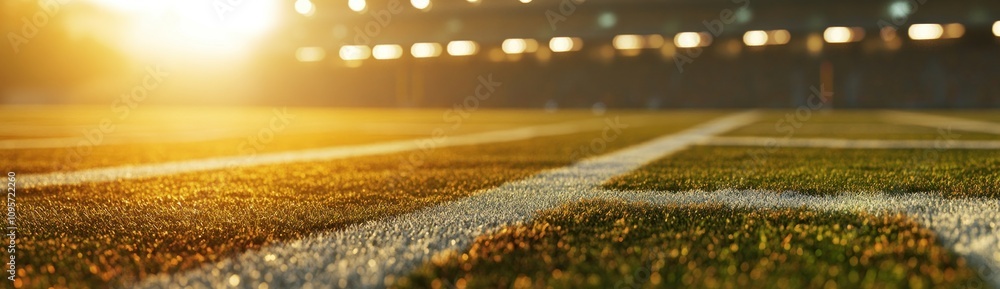 Poster a sunlit view of a sports field with grass and yard lines, suggesting a game in progress.
