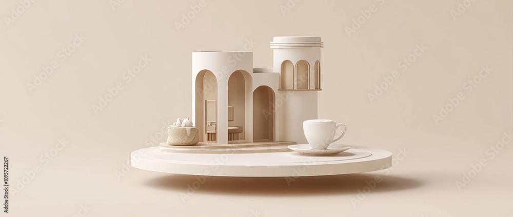 Poster A minimalist architectural model with soft curves, featuring a cup and a small sculpture.