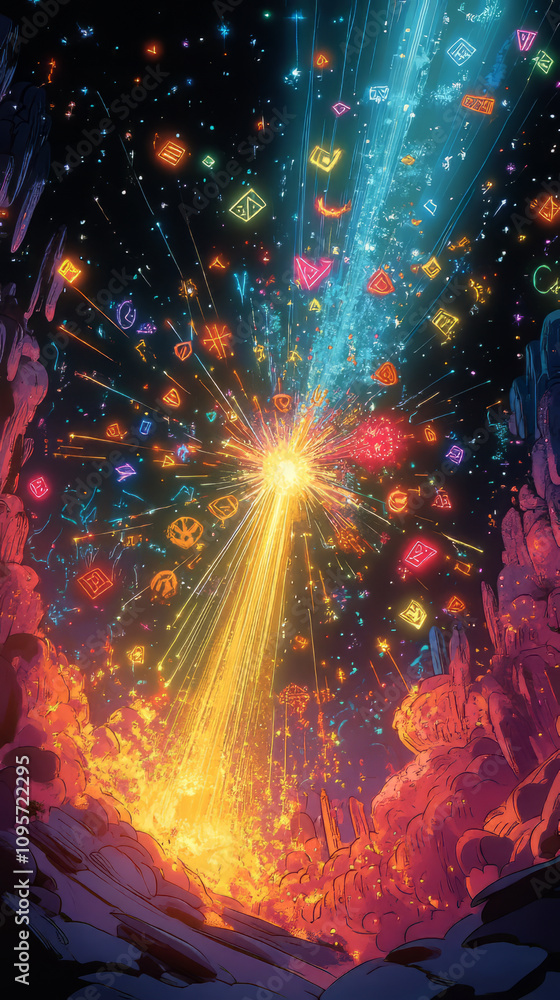 Poster birth of the universe, energy and colorful rays of light mixing and converging in an infinite black 