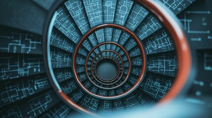 Obraz premium Confused emotion and complex, A mesmerizing spiral staircase with intricate blueprints, showcasing a blend of architectural design and modern aesthetics.