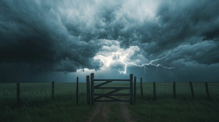 Fototapeta premium Confused emotion and complex, A dramatic view of a dark, stormy sky over a rural landscape, featuring a wooden gate that suggests a journey or transition.