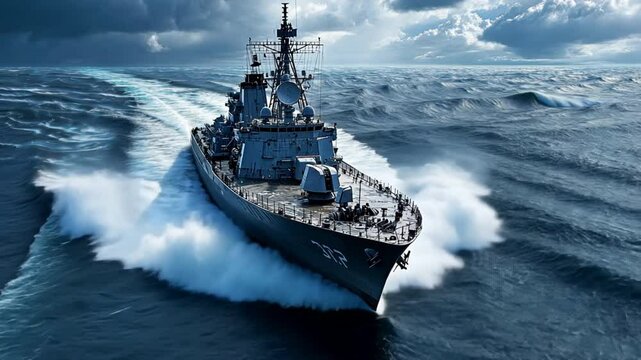 Destroyer ship speeding through rough seas, its powerful weapons aimed and ready.