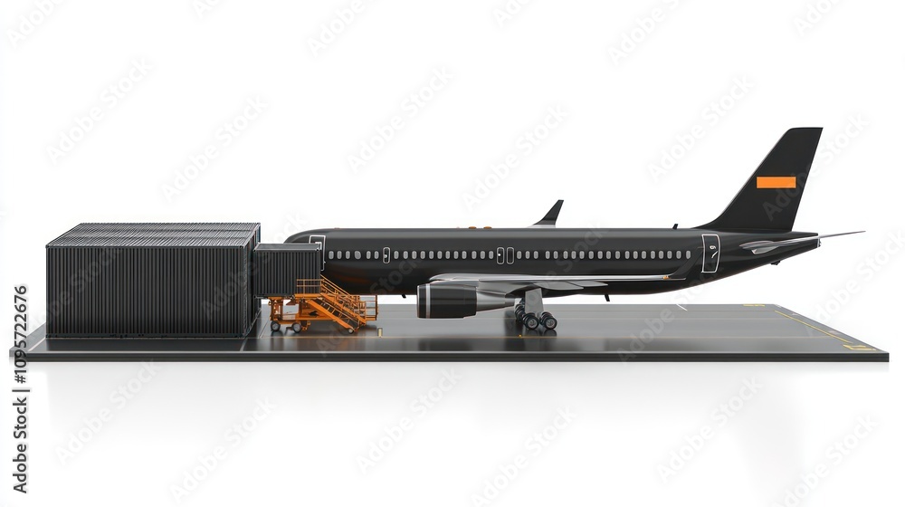 Poster A model airplane next to a cargo container and boarding stairs on a display platform.