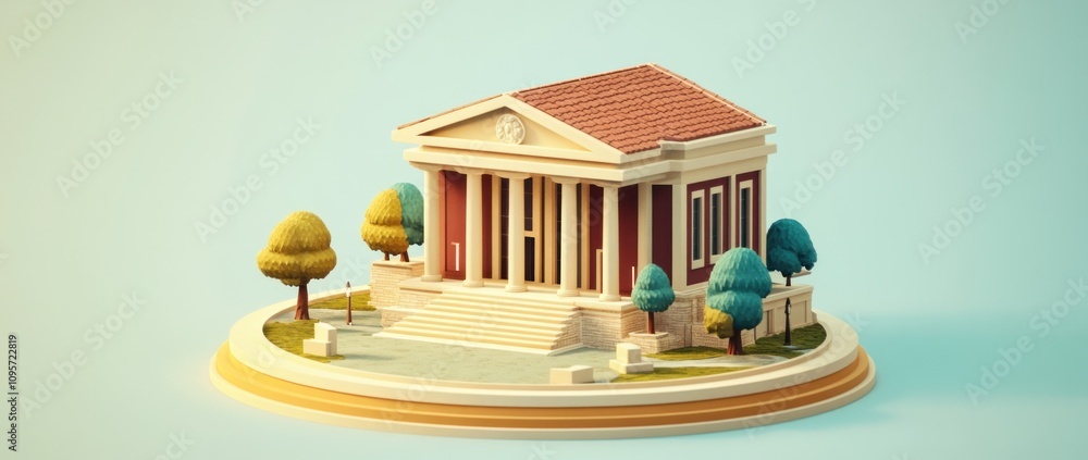 Poster A stylized representation of a classical building with trees, highlighting architectural design.