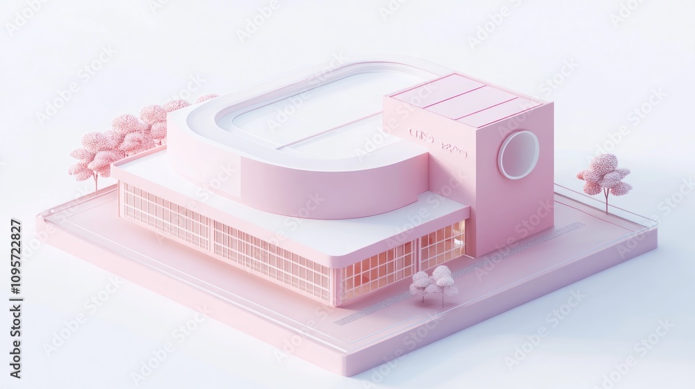 Poster a stylized pink architectural model of a modern building with a rounded roof and surrounding trees.