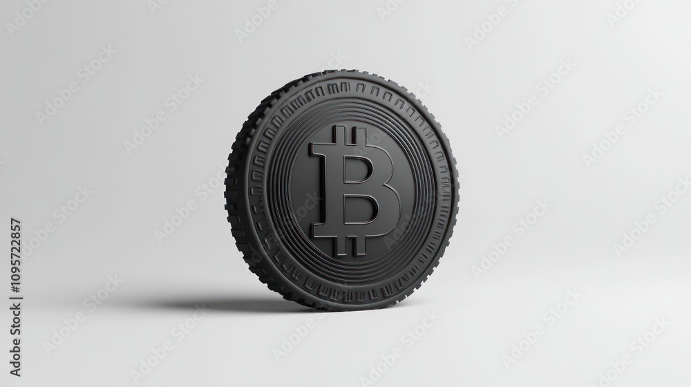 Poster a black bitcoin coin displayed against a minimalistic background.