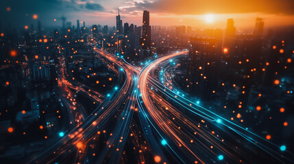 Naklejka premium Smart digital Innovation city with connection network reciprocity over the cityscape. of future smart wireless digital city and social media networking systems that connects people with in city