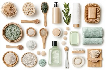 Home spa mood board set of luxurious bath products and accessories self-care routine collage on white flat lay top view. Isolated on a white background