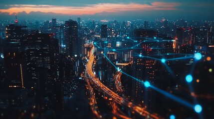 Smart digital Innovation city with connection network reciprocity over the cityscape. of future smart wireless digital city and social media networking systems that connects people with in city