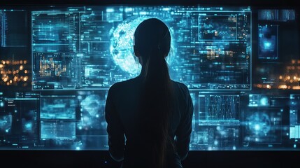 A person observes a futuristic digital interface displaying data and graphics.