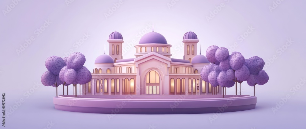 Poster A stylized architectural model featuring a grand building with domes and surrounding trees.