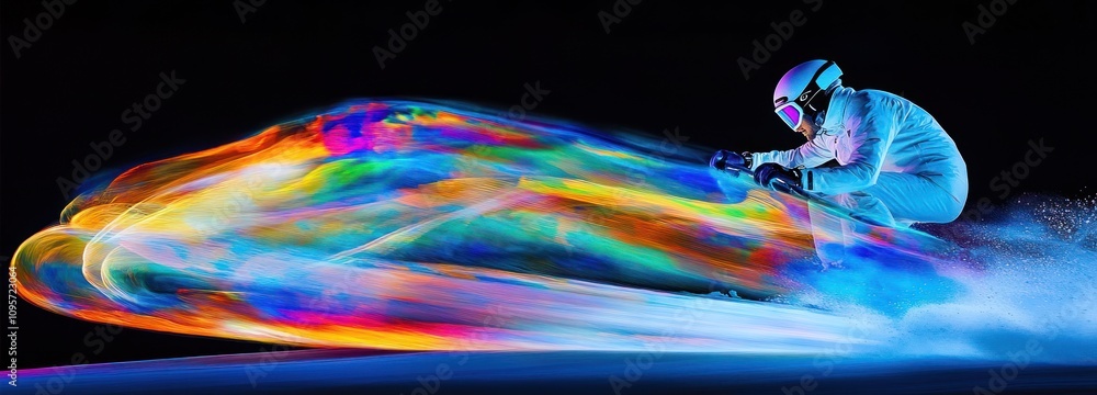 Poster a vibrant, colorful depiction of a person skiing, creating a dynamic motion effect.