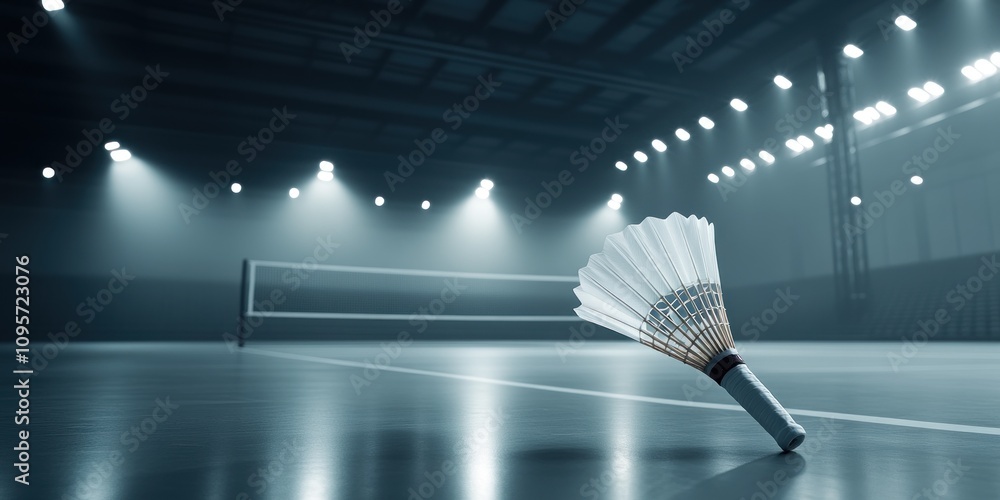 Poster a shuttlecock rests on a gym floor, with a badminton net in the background, illuminated by lights.