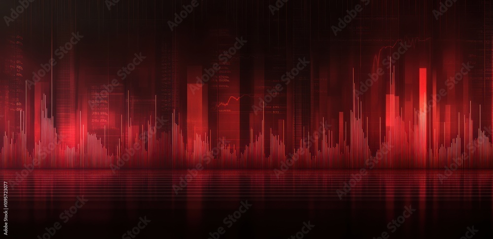 Poster abstract red sound wave graphic with peaks and reflections.