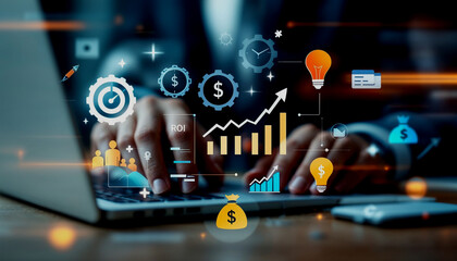 Fototapeta premium A person working on a laptop with Business Strategy and ROI Visualization Icons for Targets, Growth, and Financial Performance