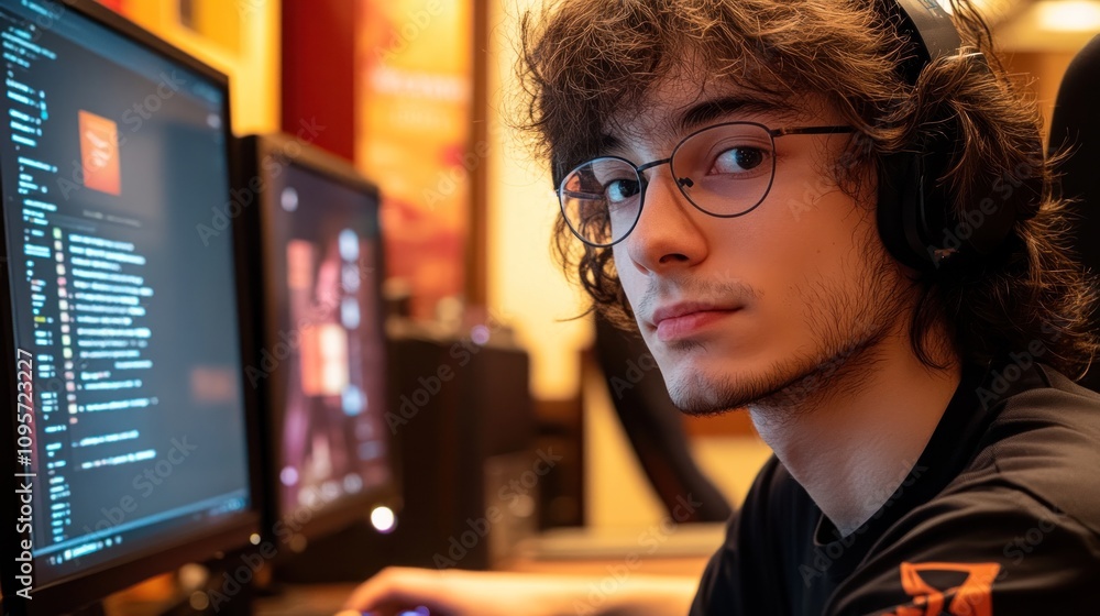 Poster A focused individual working on a computer in a gaming or tech environment.