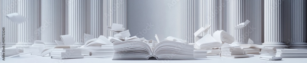Poster an open book surrounded by flying pages in a minimalist setting.
