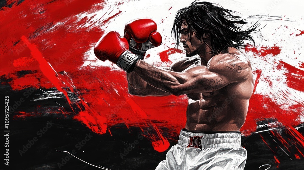 Poster a muscular fighter in boxing gloves poses dynamically against a bold, abstract background.