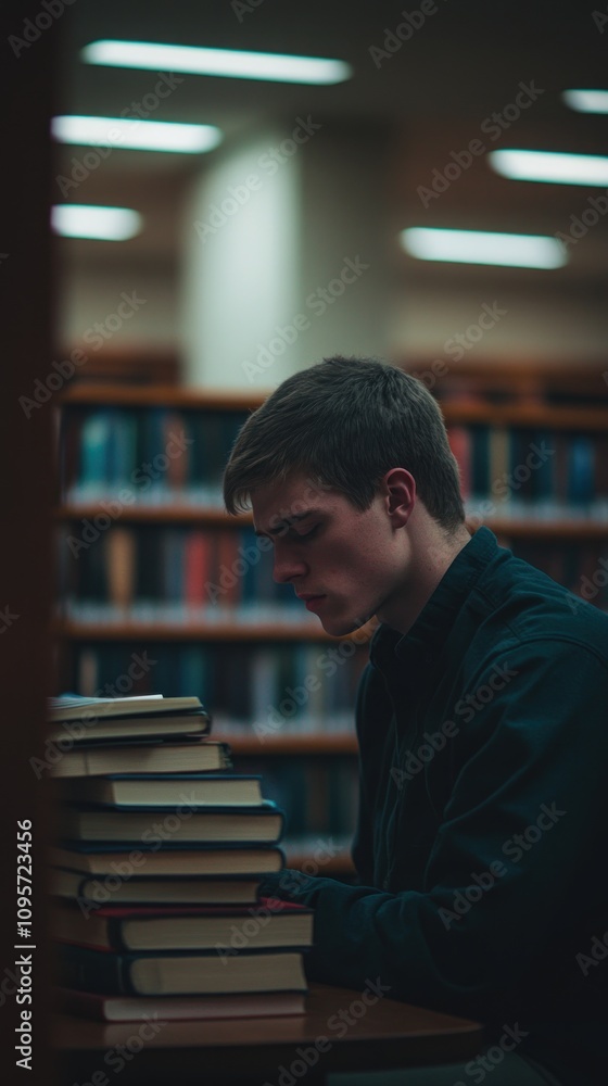 Poster a focused young man studying in a library surrounded by stacks of books.