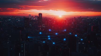 Fototapeta premium Smart digital Innovation city with connection network reciprocity over the cityscape. of future smart wireless digital city and social media networking systems that connects people with in city