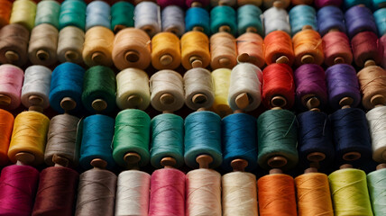 A closeup of vibrant spools of thread in varix Full frame shot of multicolored spool,
