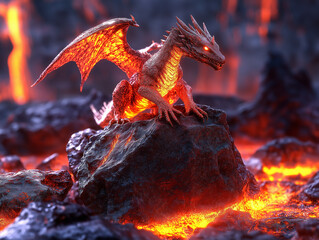 A realistic photo of a fire dragon sitting atop a rugged rock surrounded by glowing, molten lava