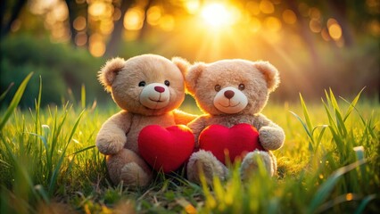 Two Plush Bears Holding a Heart in the Grass - Low Light Photography of Adorable Stuffed Animals, Romantic Setting, Cozy Atmosphere, Heartfelt Moments, Soft Textures