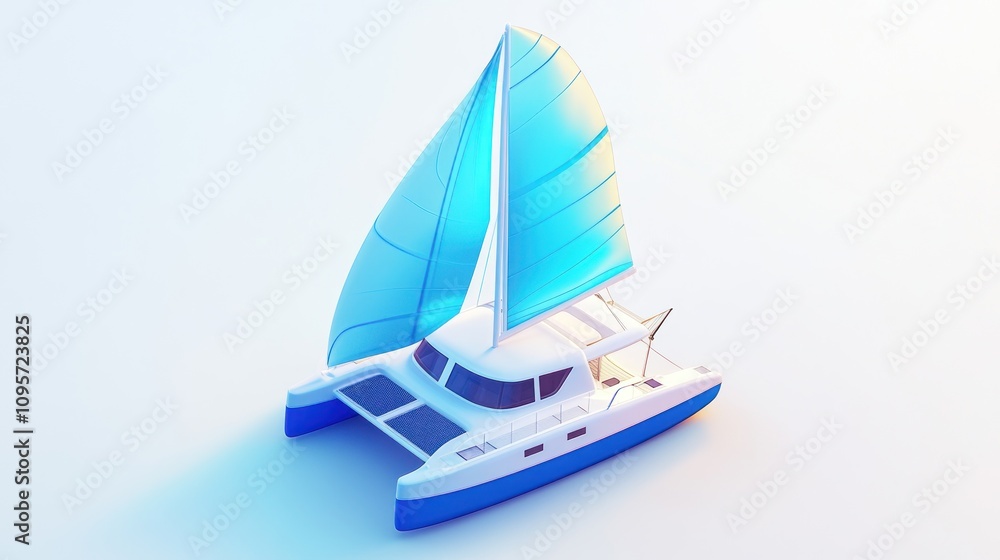 Poster a stylized catamaran with blue sails on a light background.