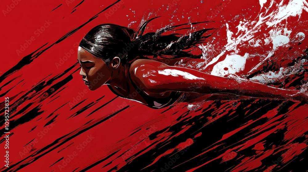 Poster a dynamic illustration of a swimmer in motion against a bold red background.