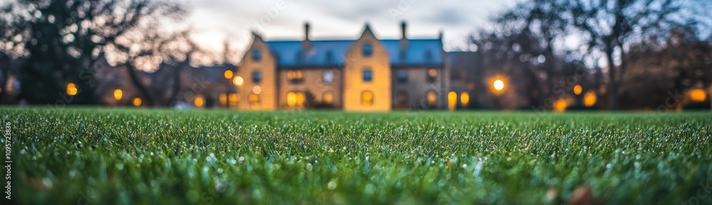 Poster A blurred foreground of grass with a historic building illuminated in the background.