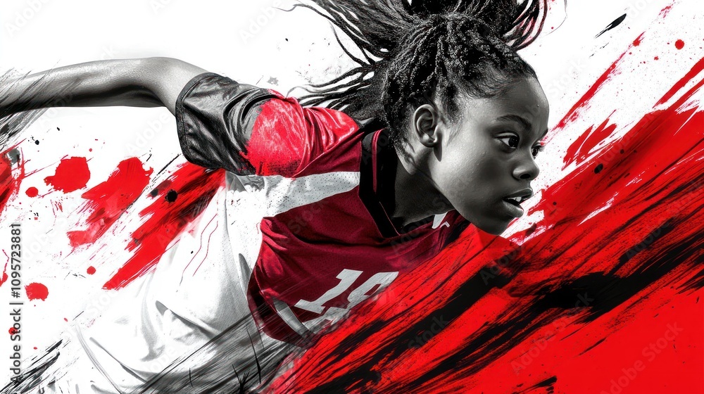 Poster a dynamic soccer player in motion, showcasing athleticism with a bold artistic background.