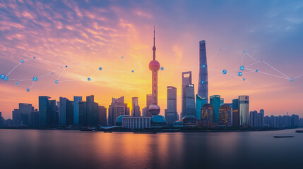 Fototapeta premium Smart digital Innovation city with connection network reciprocity over the cityscape. of future smart wireless digital city and social media networking systems that connects people with in city