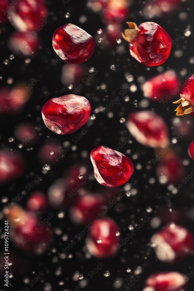 Poster a dynamic display of pomegranate seeds against a dark background, creating a vibrant visual effect.