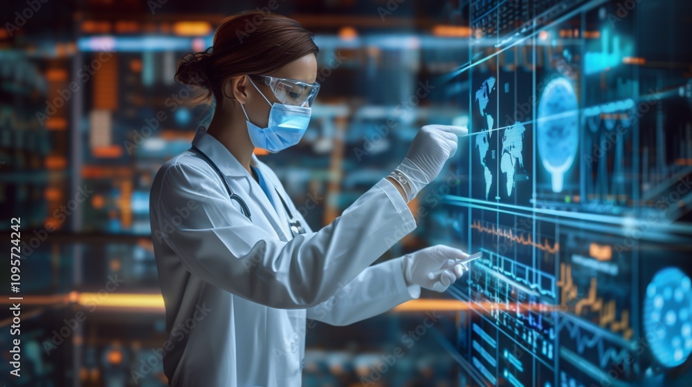 Poster a female scientist is working in a laboratory, analyzing data on a futuristic digital interface
