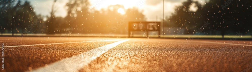Poster A close-up view of a wet running track during sunset, highlighting raindrops and light.