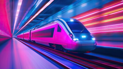 Fototapeta premium Confused emotion and complex, A futuristic train speeds through a vibrant, neon-lit tunnel, showcasing dynamic motion and modern transportation technology.