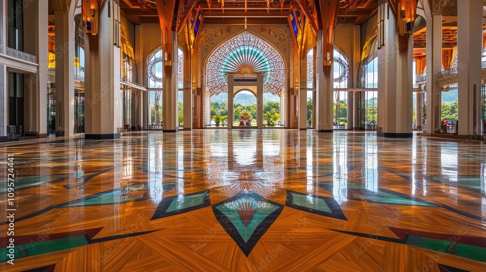 Poster a grand interior space with intricate flooring and a large archway leading to a garden view.