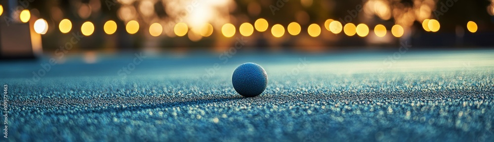 Poster a solitary blue ball on a textured surface with soft bokeh lights in the background.