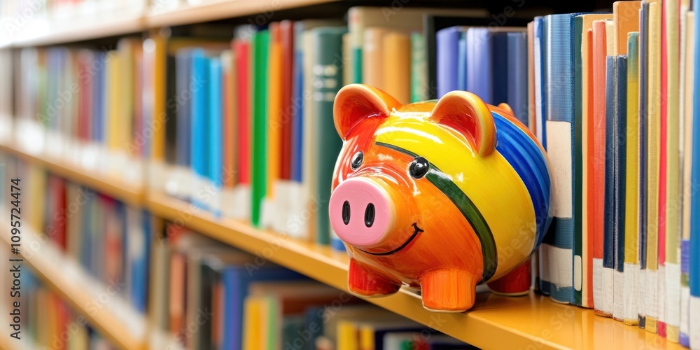 Aufkleber a colorful piggy bank sits on a library shelf filled with books.
