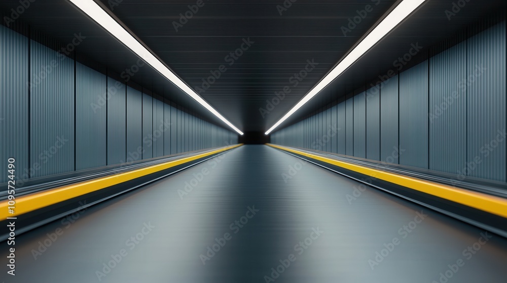 Poster a sleek, modern tunnel with a smooth floor and illuminated ceiling, creating a sense of depth and pe