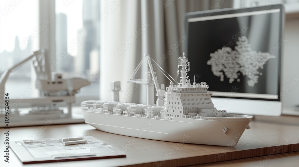 Aufkleber A desk scene featuring a ship model and a computer displaying a city map.
