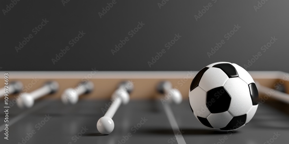 Poster a close-up of a foosball table with a soccer ball in motion.