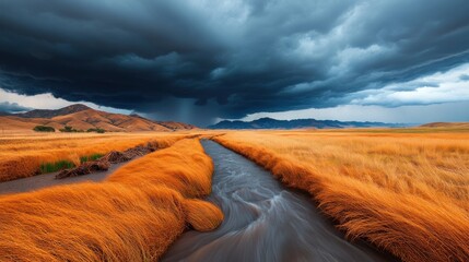 Flash flood sweeping through a Californian valley, golden hills drenched under heavy rain,